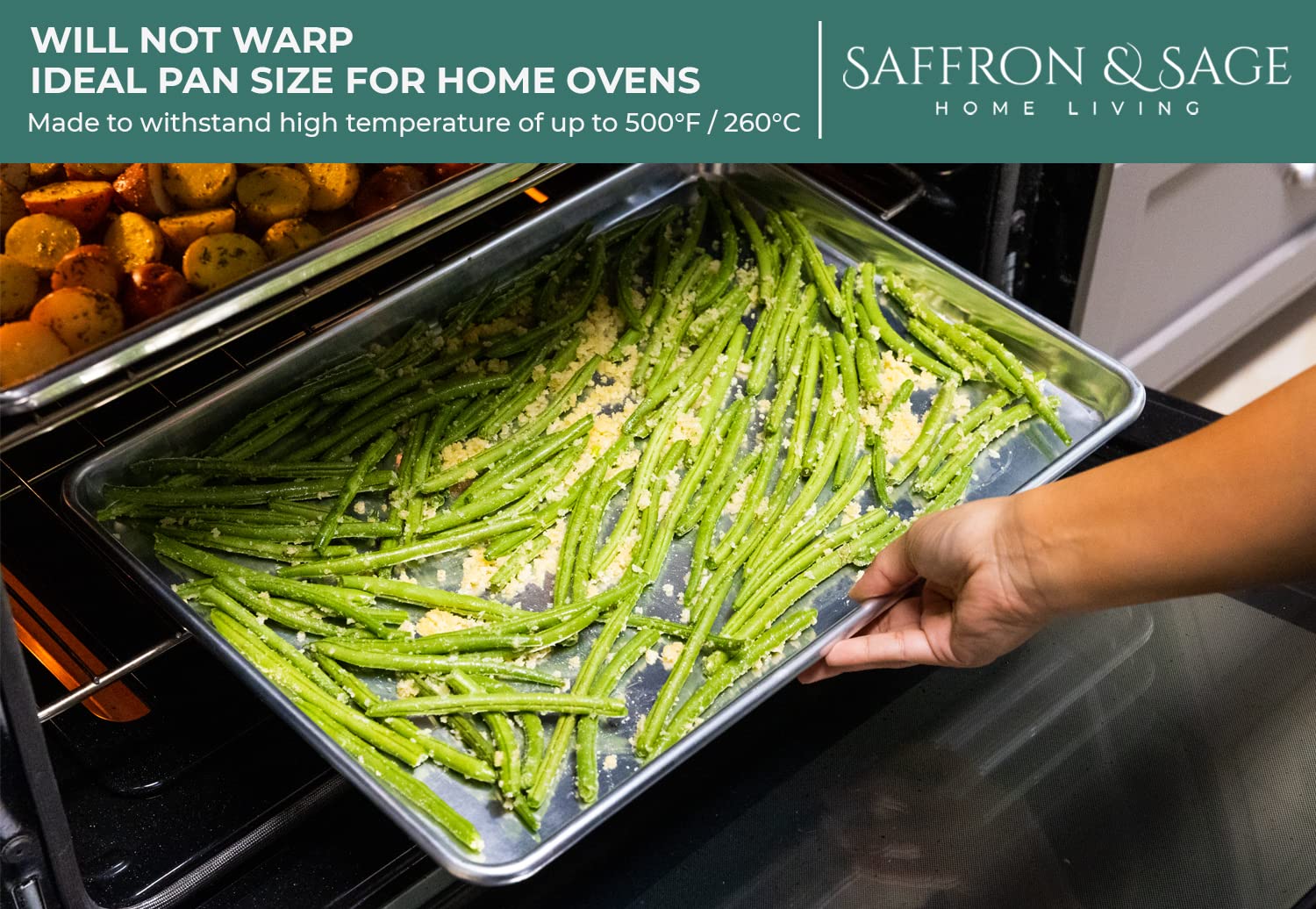 Saffron & Sage warp-resistant sheet pan maintains flat cooking surface.