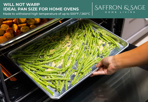 Saffron & Sage warp-resistant sheet pan maintains flat cooking surface.