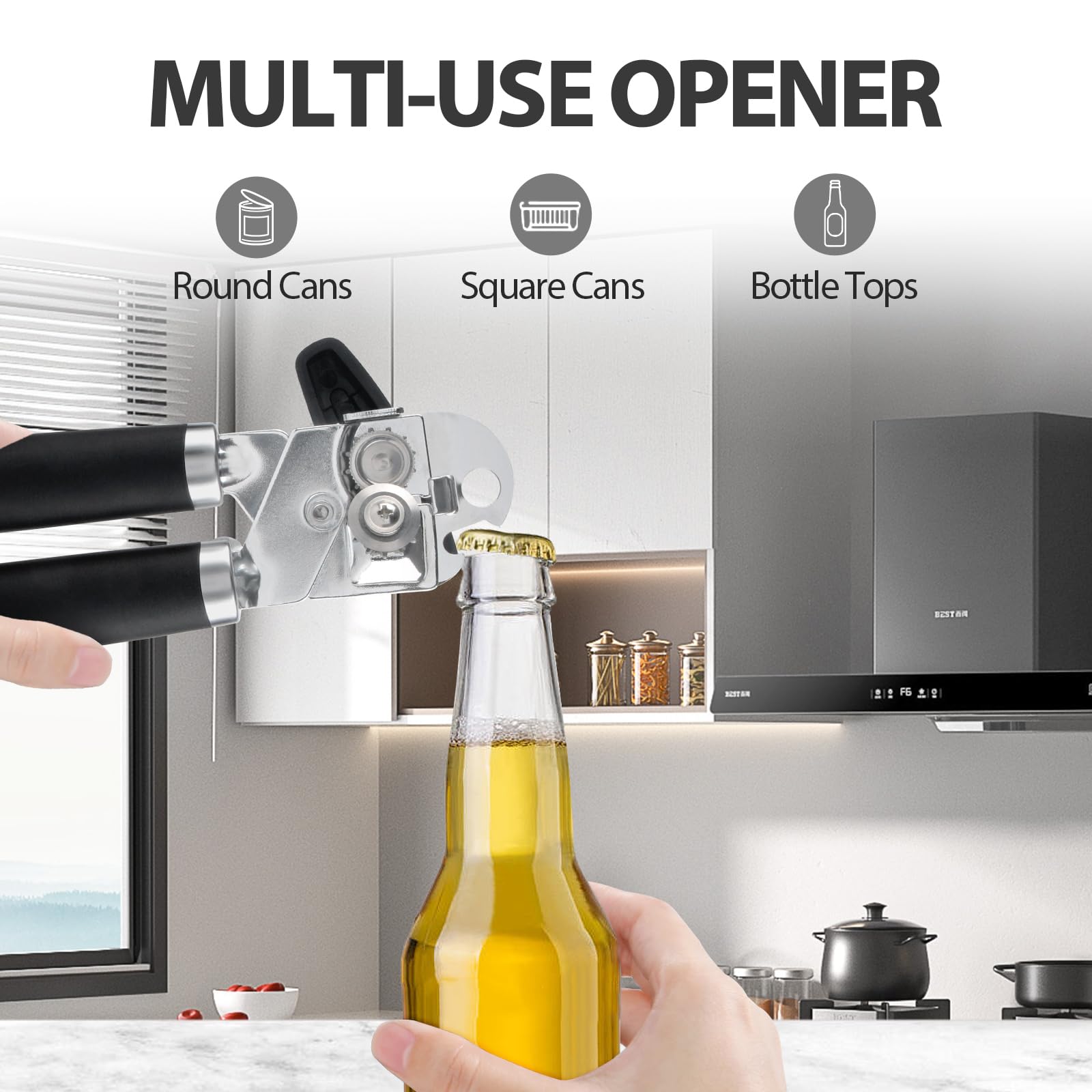 Safring can opener all-in-one bottle opener handles beverages on the go.