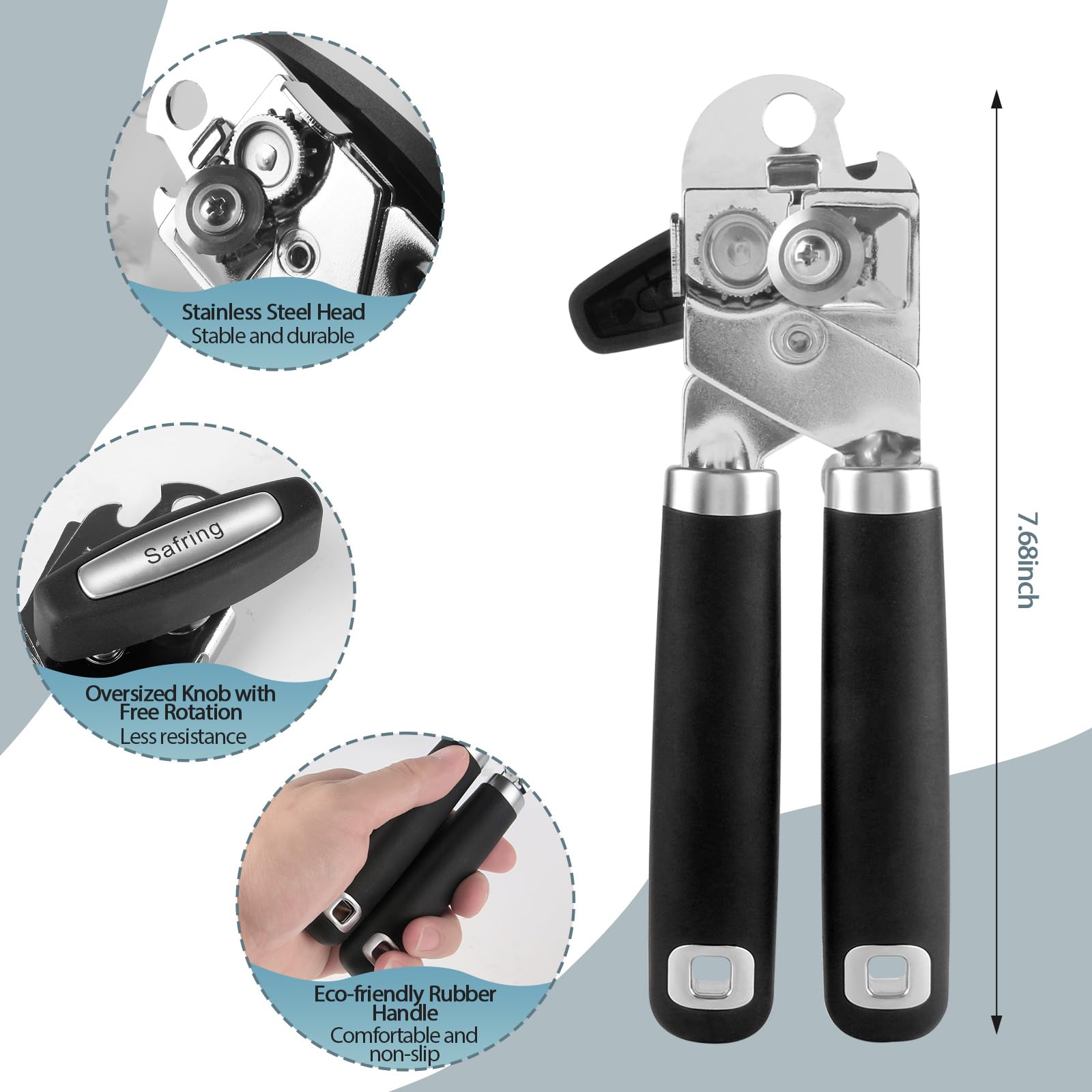 Safring can opener heavy-duty turn knob enables effortless lid removal.