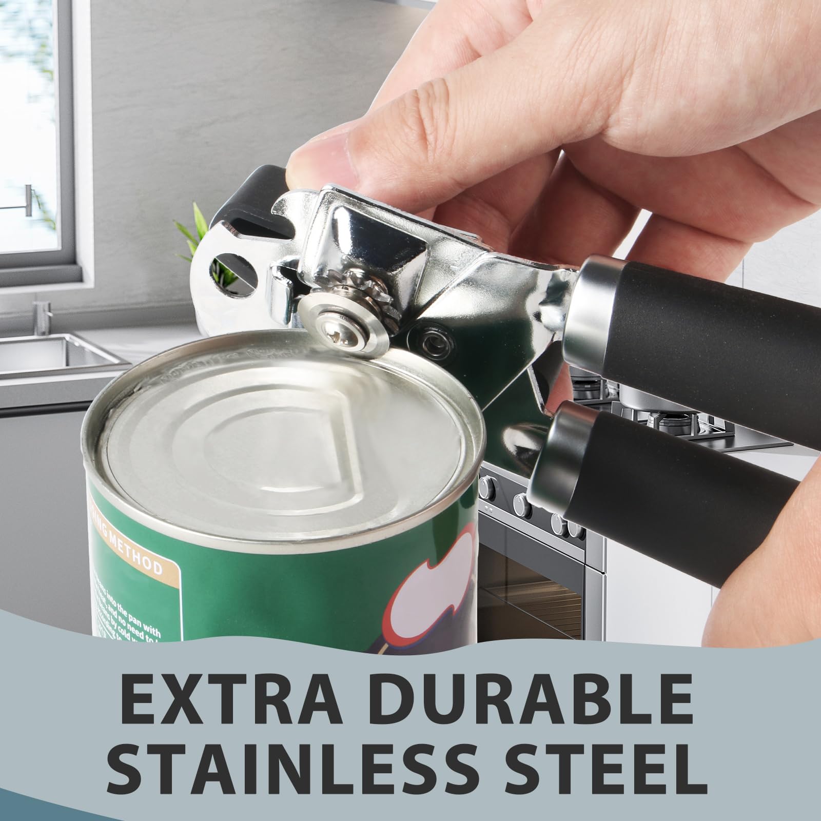 Safring can opener soft touch handles provide comfortable grip for extended use.