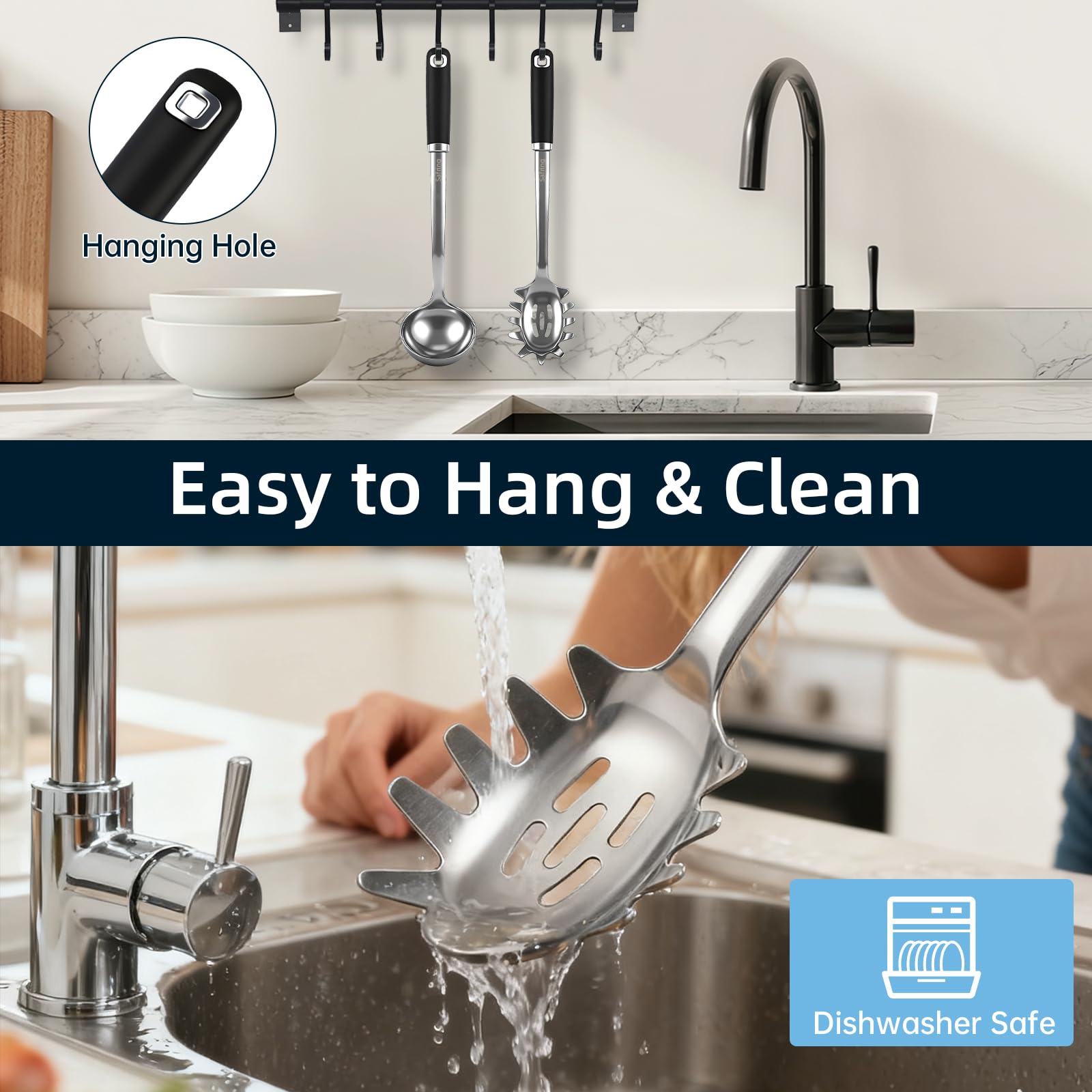 Safring dishwasher-safe label on stainless utensils for easy cleaning after meals.