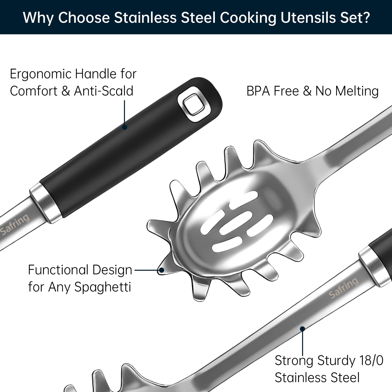 Safring rubber-handle close-up highlights heat-resistant grip for safer cooking.