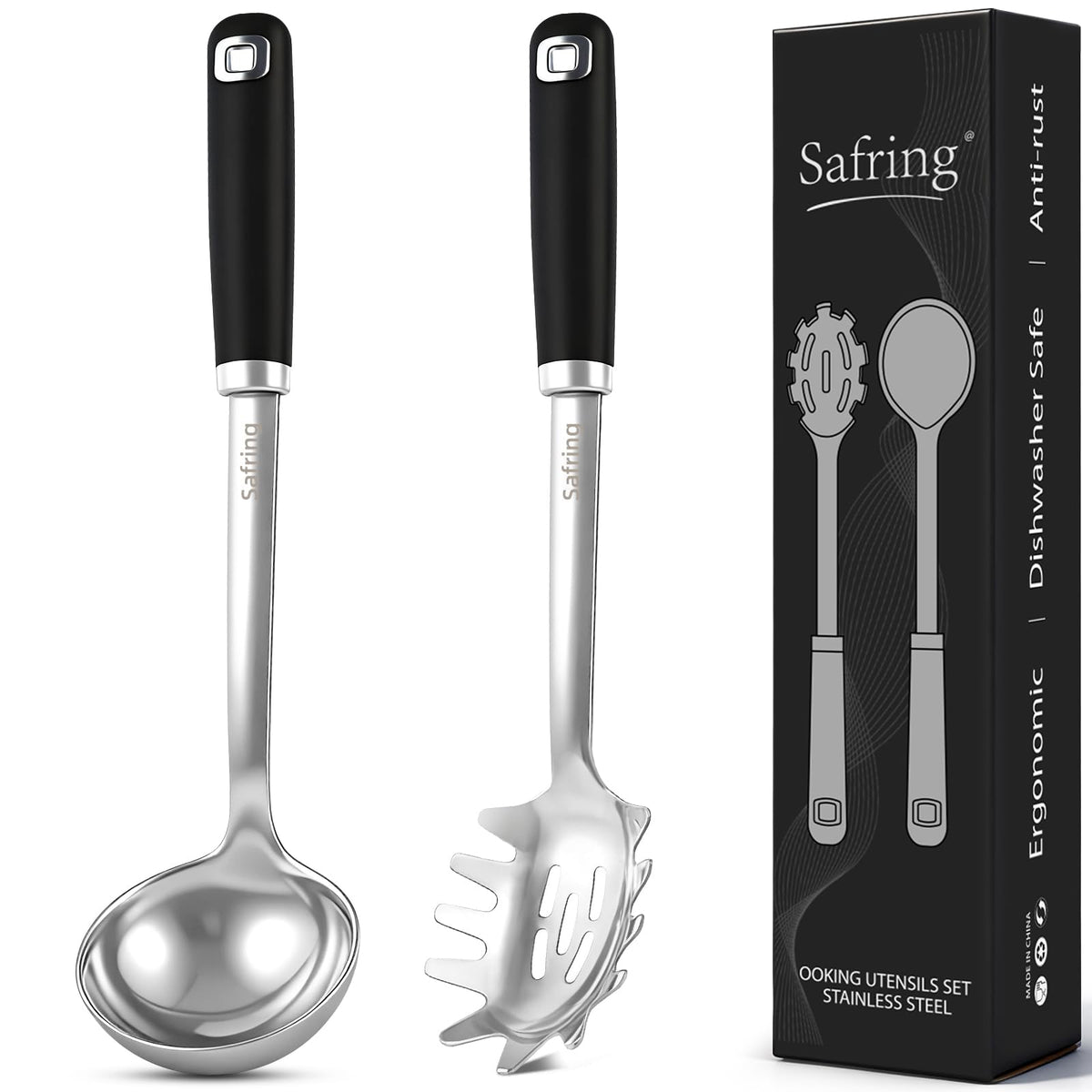 Safring soup ladle with deep bowl for easy, ladled servings of soups and stews.