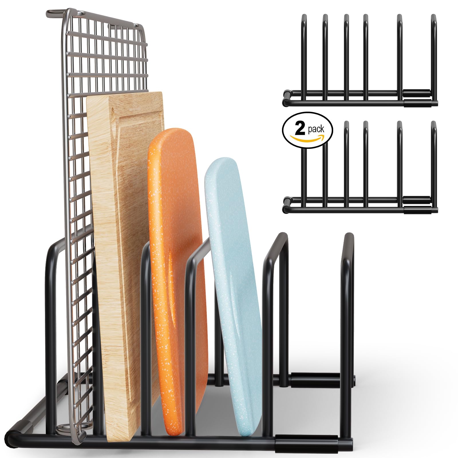 SAGLAU heavy-duty rack, front view, five sturdy slots organize cutting boards and bakeware