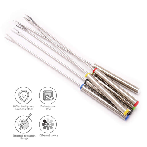 Sago Brothers color-coded fondue forks with heat-safe handles at a dining table.