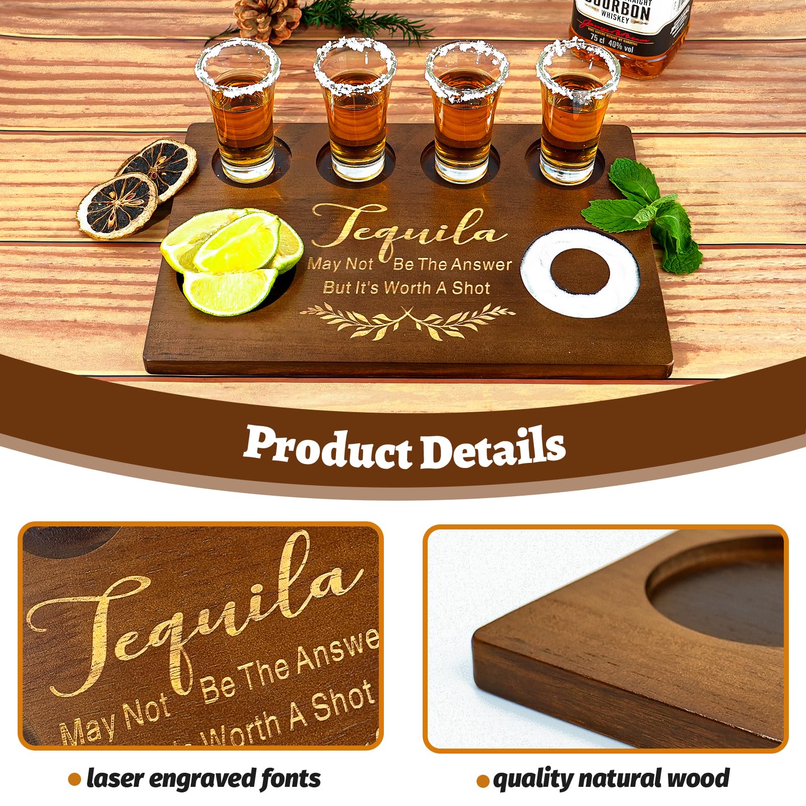 SAIAOKJ Tequila Shot Board durable wood material for long‑lasting bar accessory
