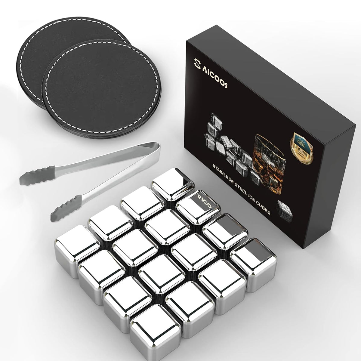 SAICOOS 16-pack stainless steel whiskey stones for cooling drinks without dilution