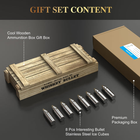 Ammunition-style wooden gift box adds novelty and keeps stones organized.