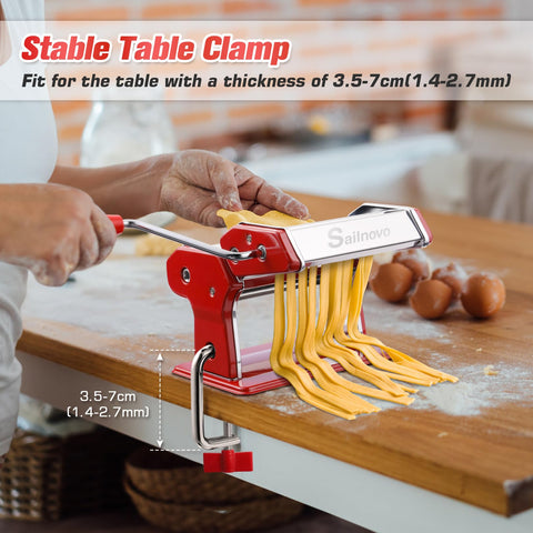 Sailnovo pasta maker outputs two widths, ideal for spaghetti or lasagna.