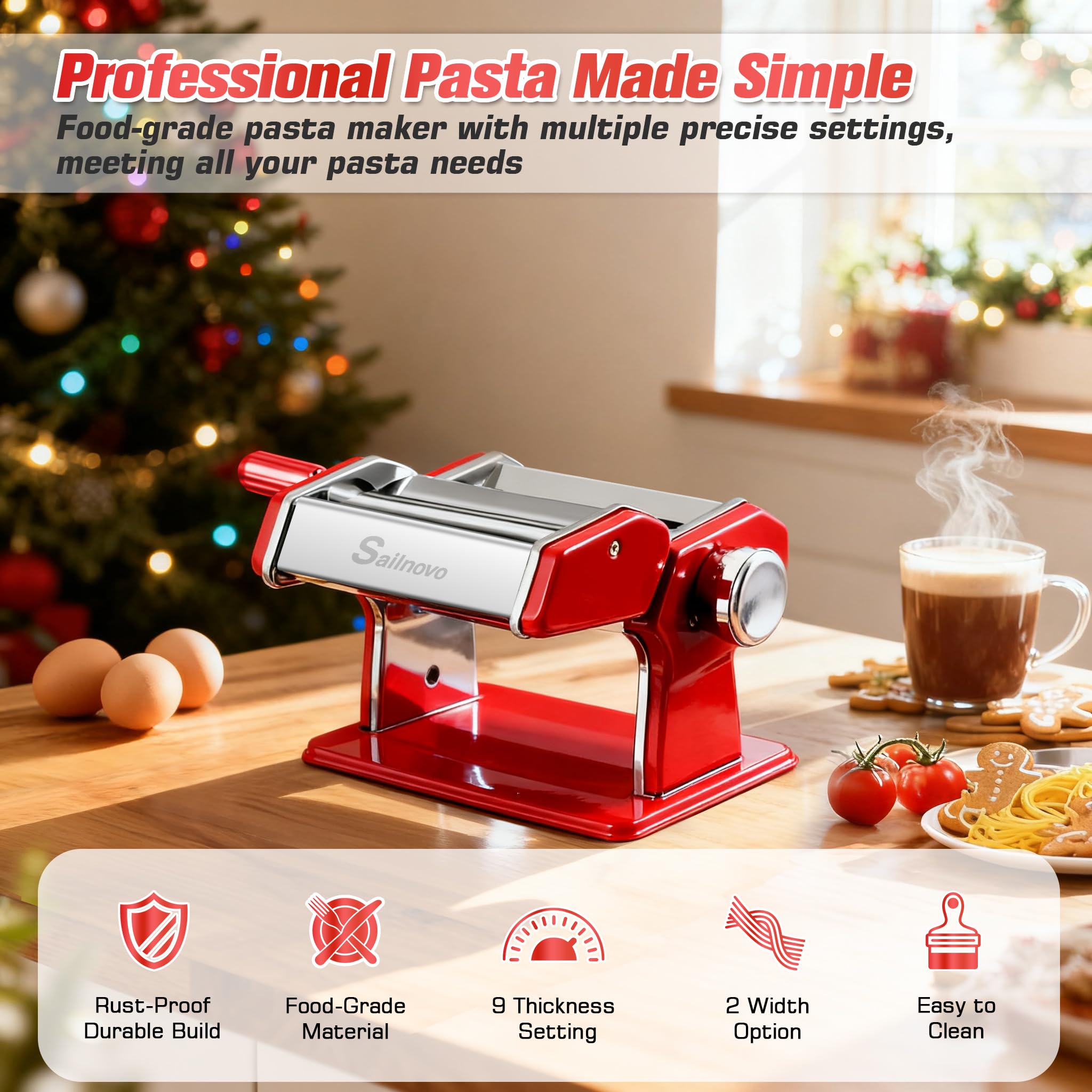 Sailnovo pasta maker roller close-up shows precision thickness control.