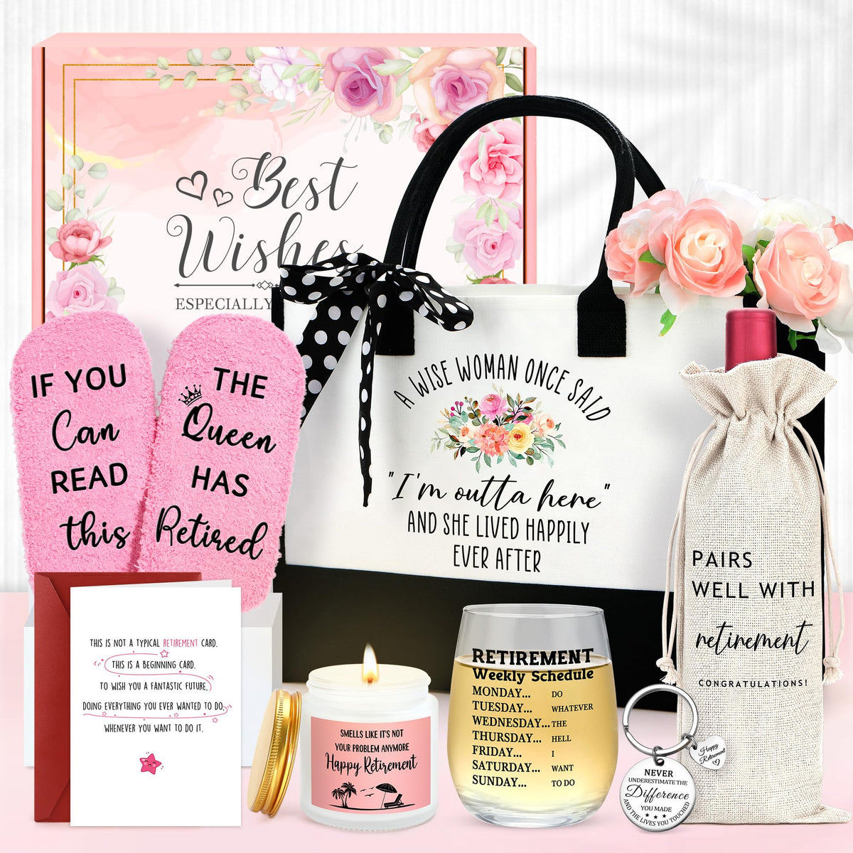 Saineron retirement tote bag with decorative ribbon for a stylish send-off.