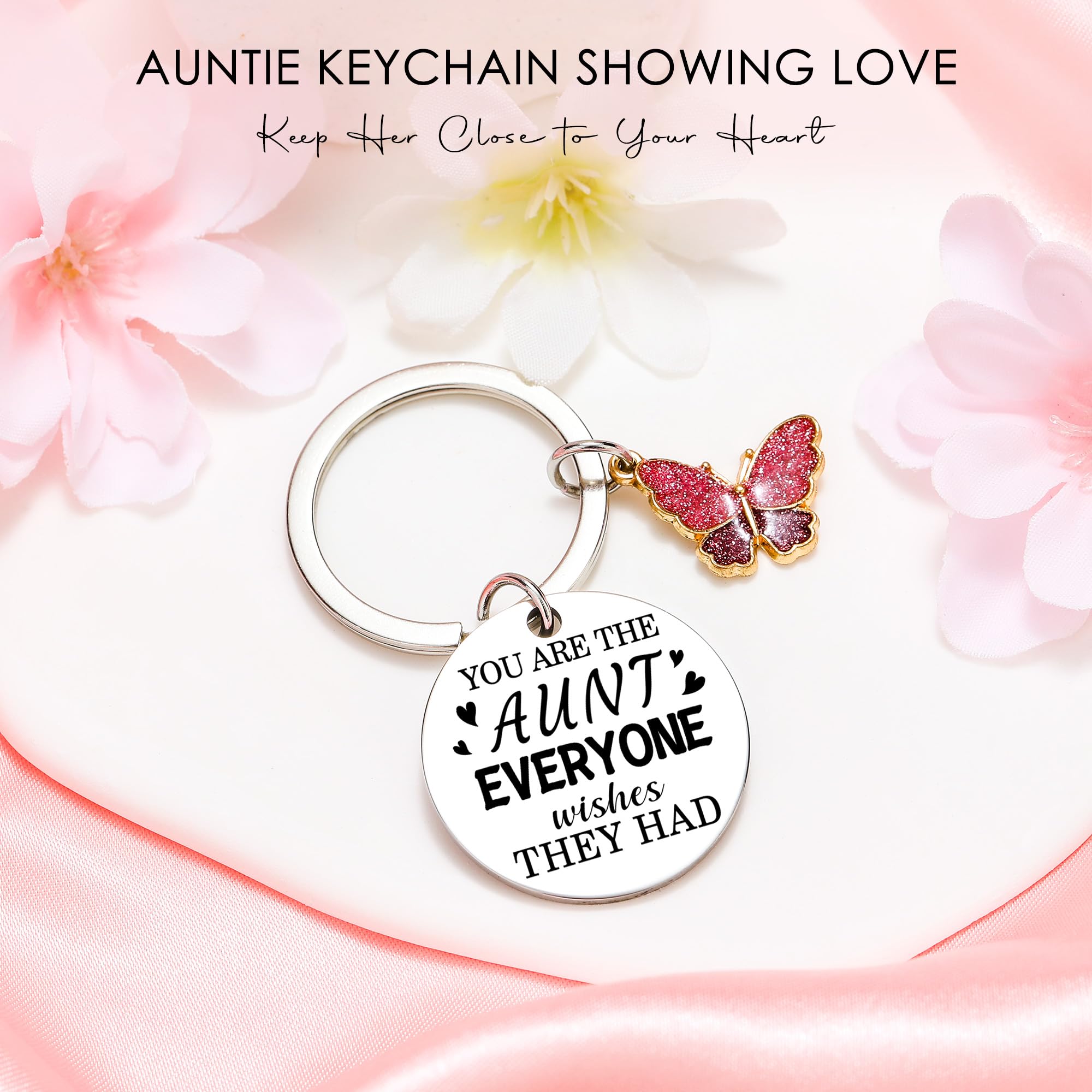 Saineron stainless steel aunt keychain with butterfly charm.