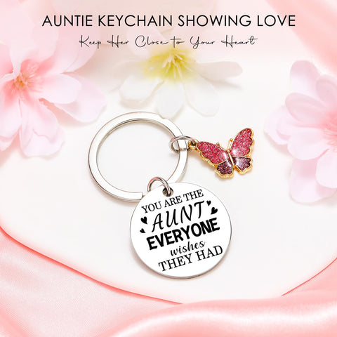 Saineron stainless steel aunt keychain with butterfly charm.