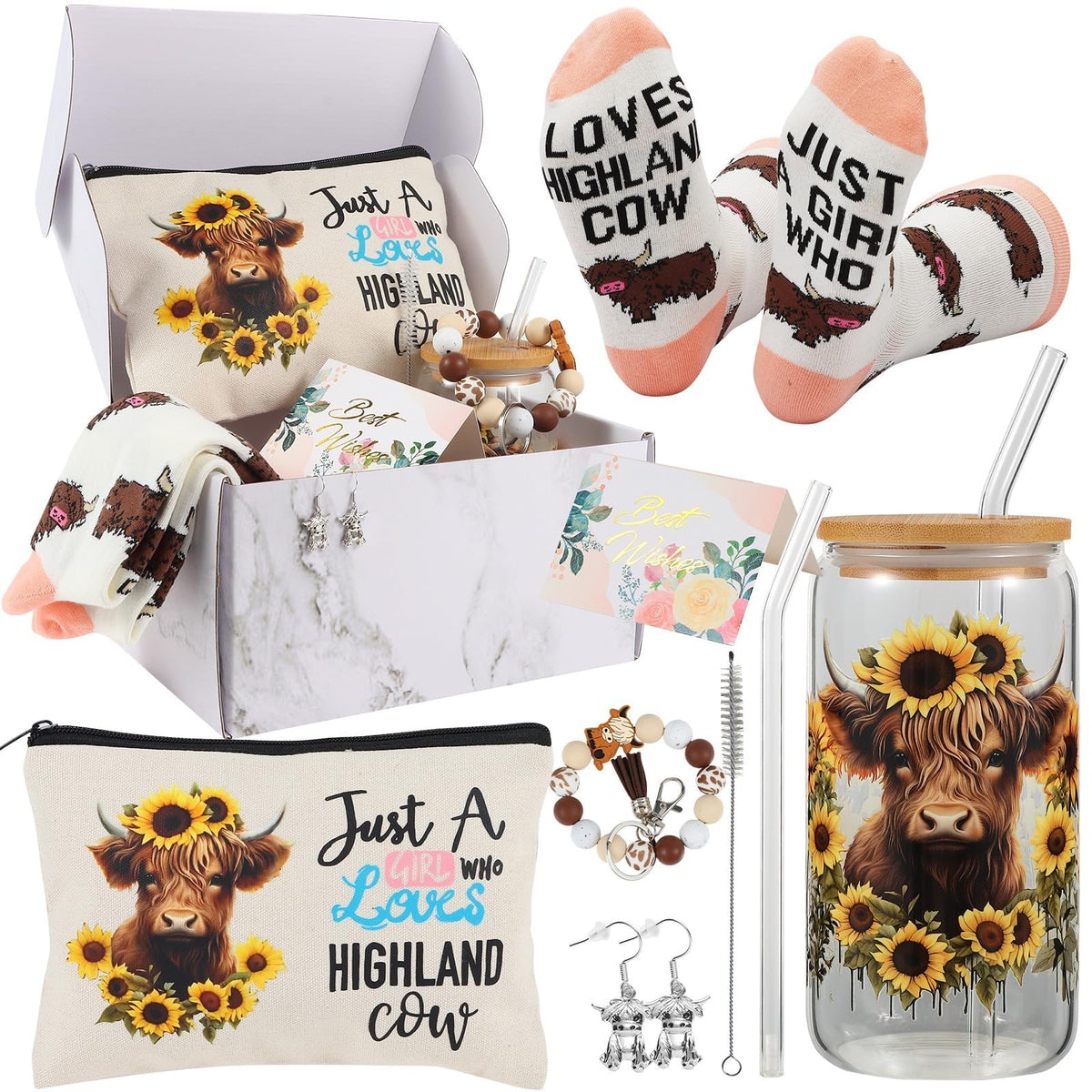 SAIWEILAI ONLINE Highland Cow can glass with bamboo lid, ideal for hot or cold drinks