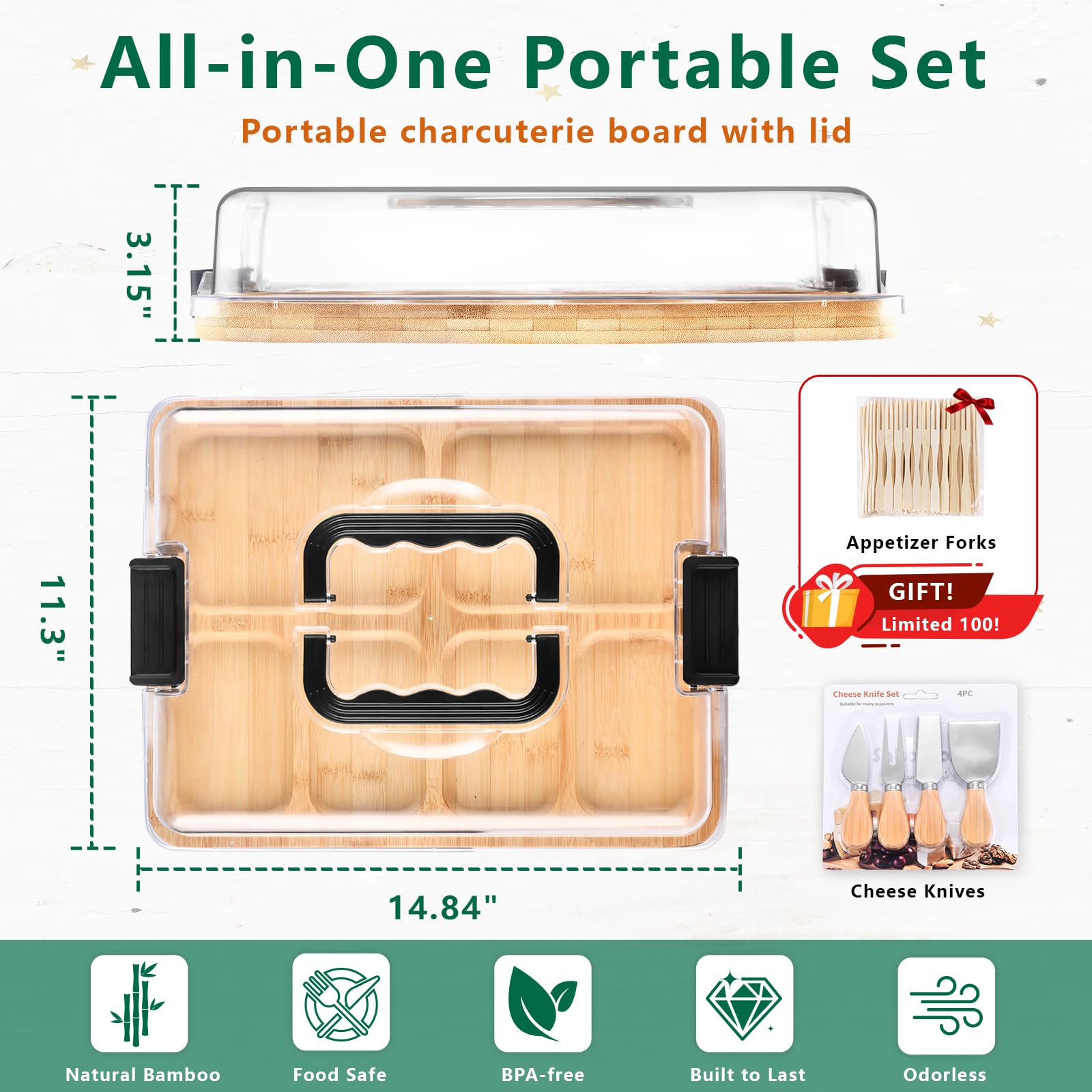 SAKAMOSH portable bamboo board with cutting side ideal for cheese and fruit prep