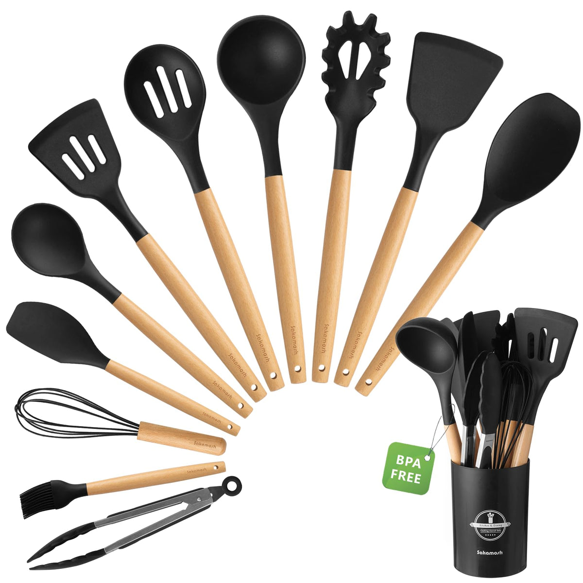 SAKAMOSH silicone cooking utensils set with holder for organized counter storage.