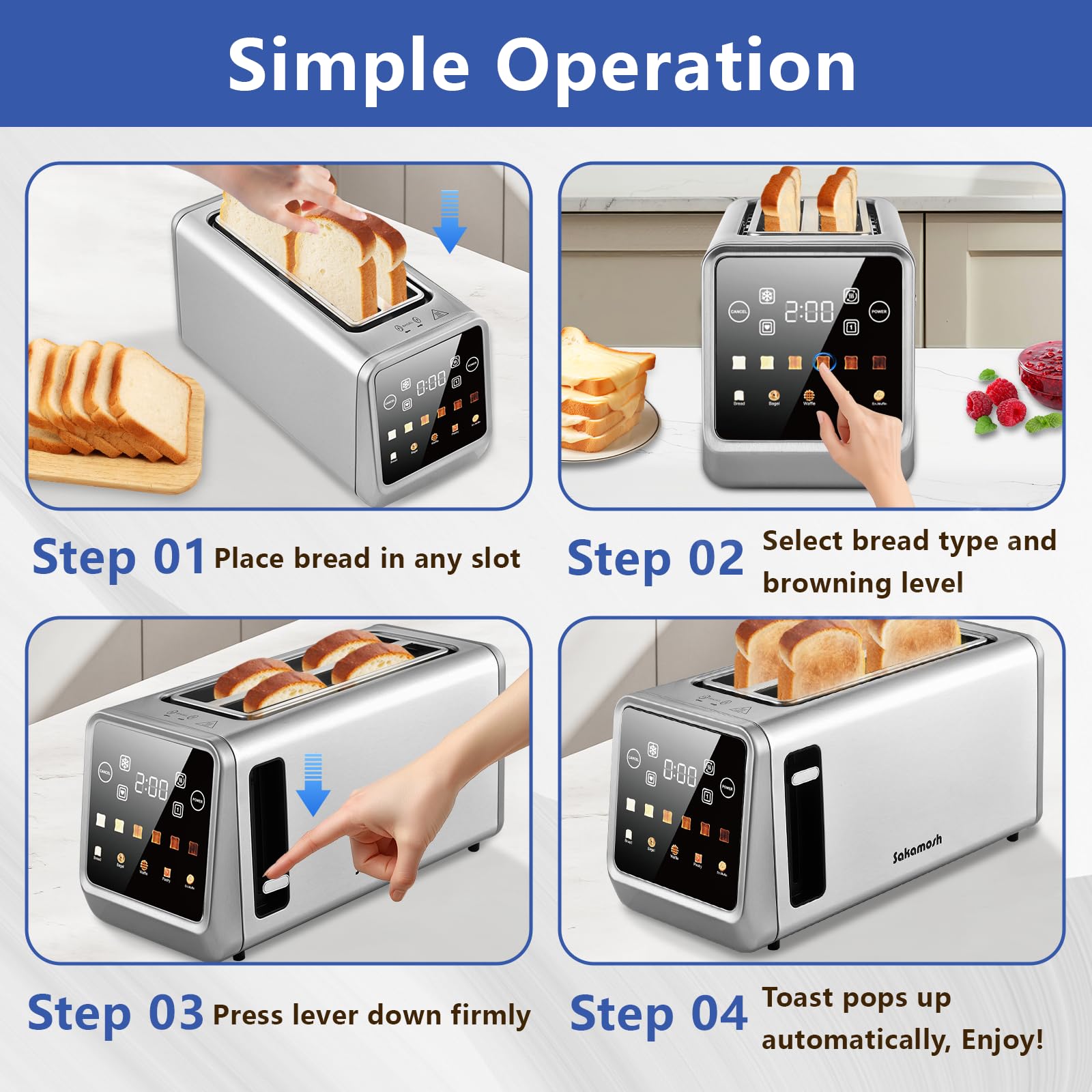 SAKAMOSH 5 bread types presets streamline bagel, waffle, English muffin toasting