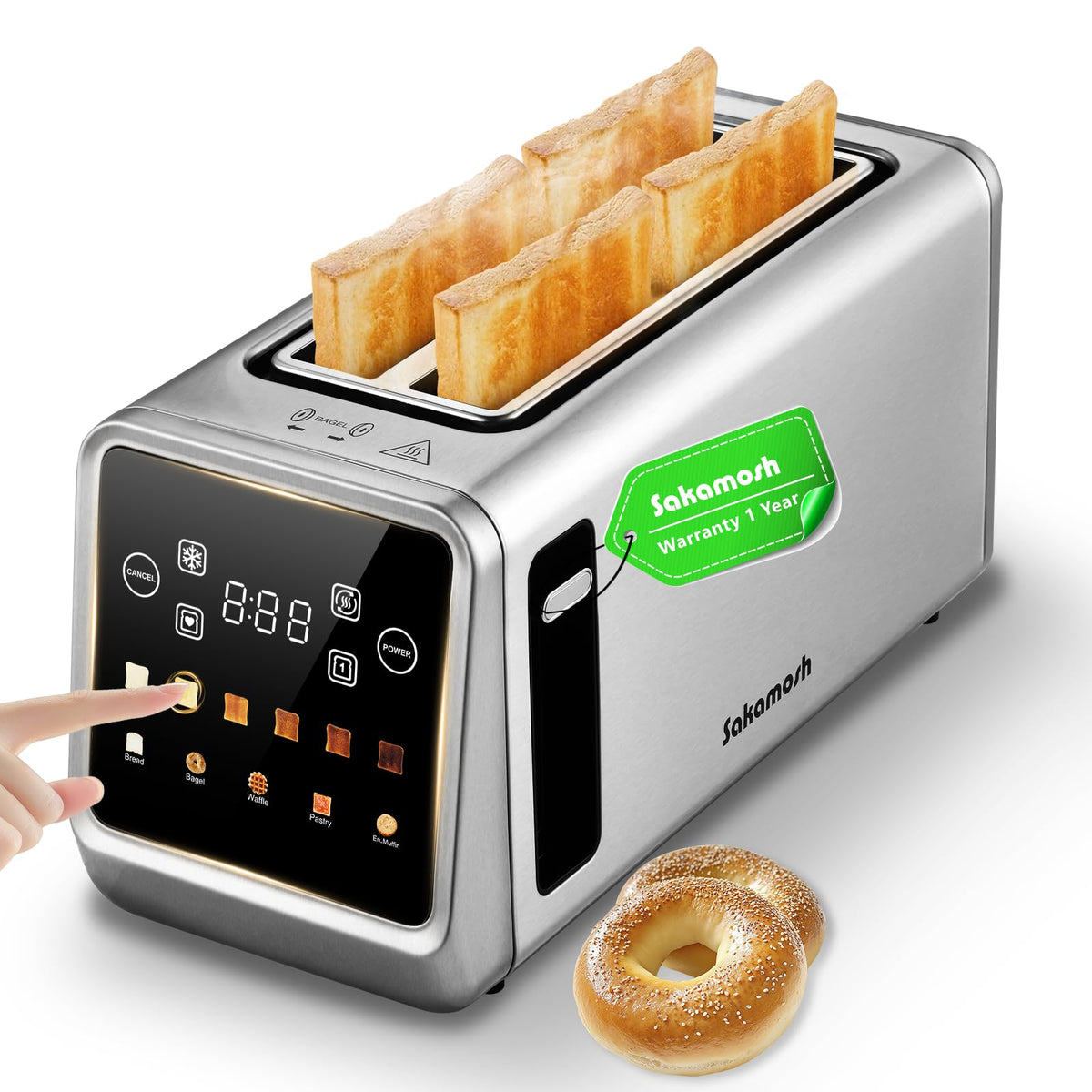 SAKAMOSH Smart Toaster 4 Slice front view with 1.5-inch wide slots for bagels