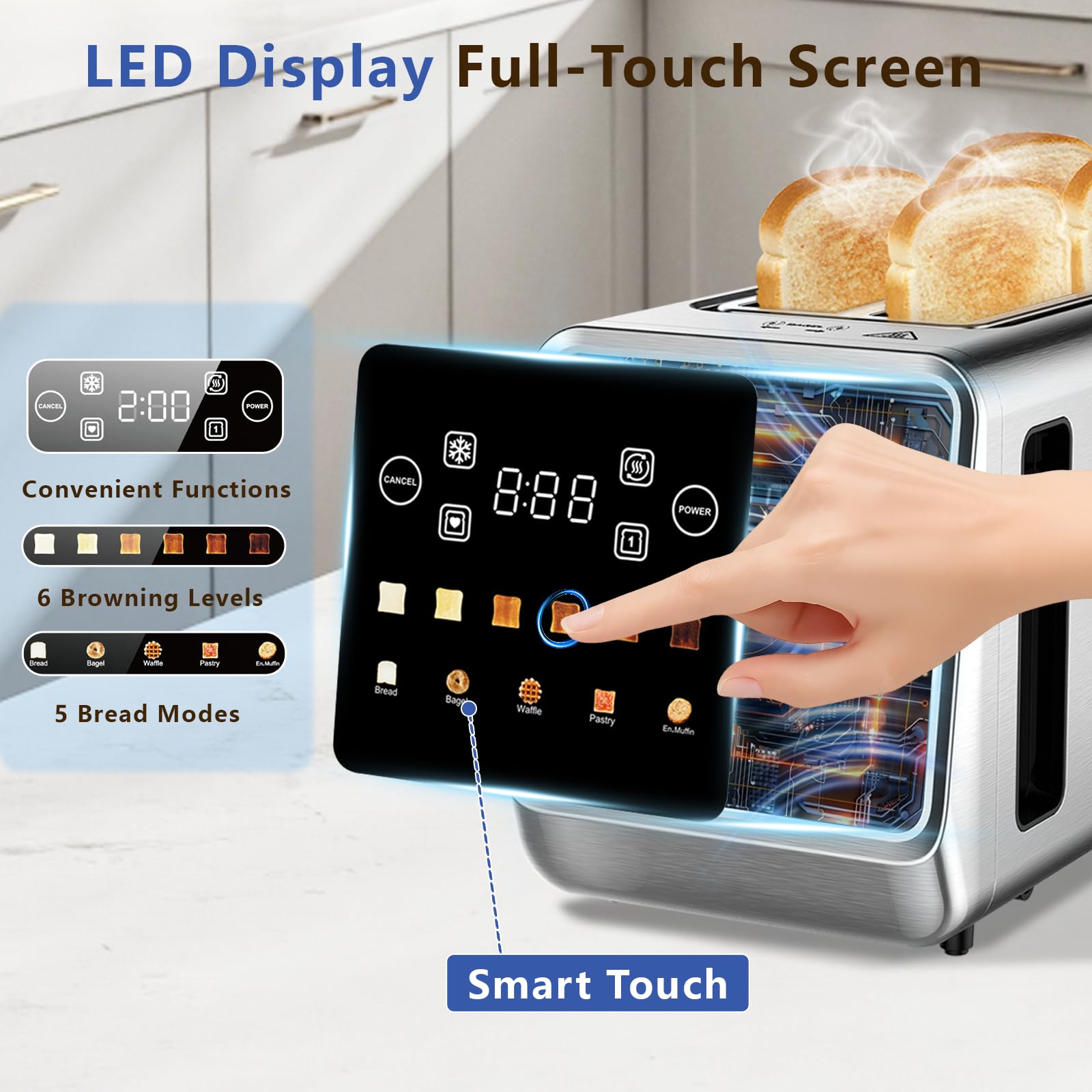 SAKAMOSH Smart Toaster touch screen panel showing precise browning and timers