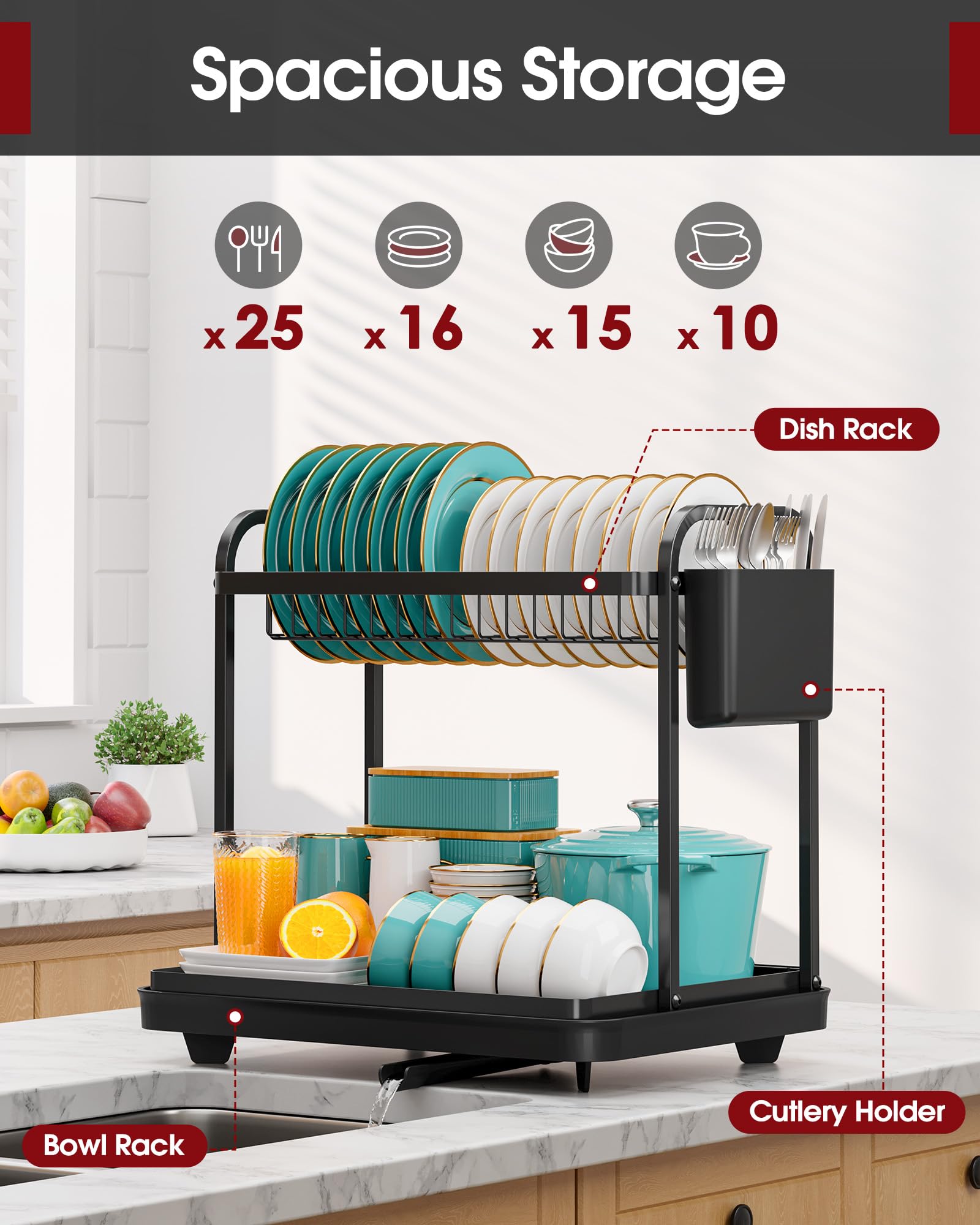 Sakugi 2-tier rack with drainboard efficiently guides water to the sink