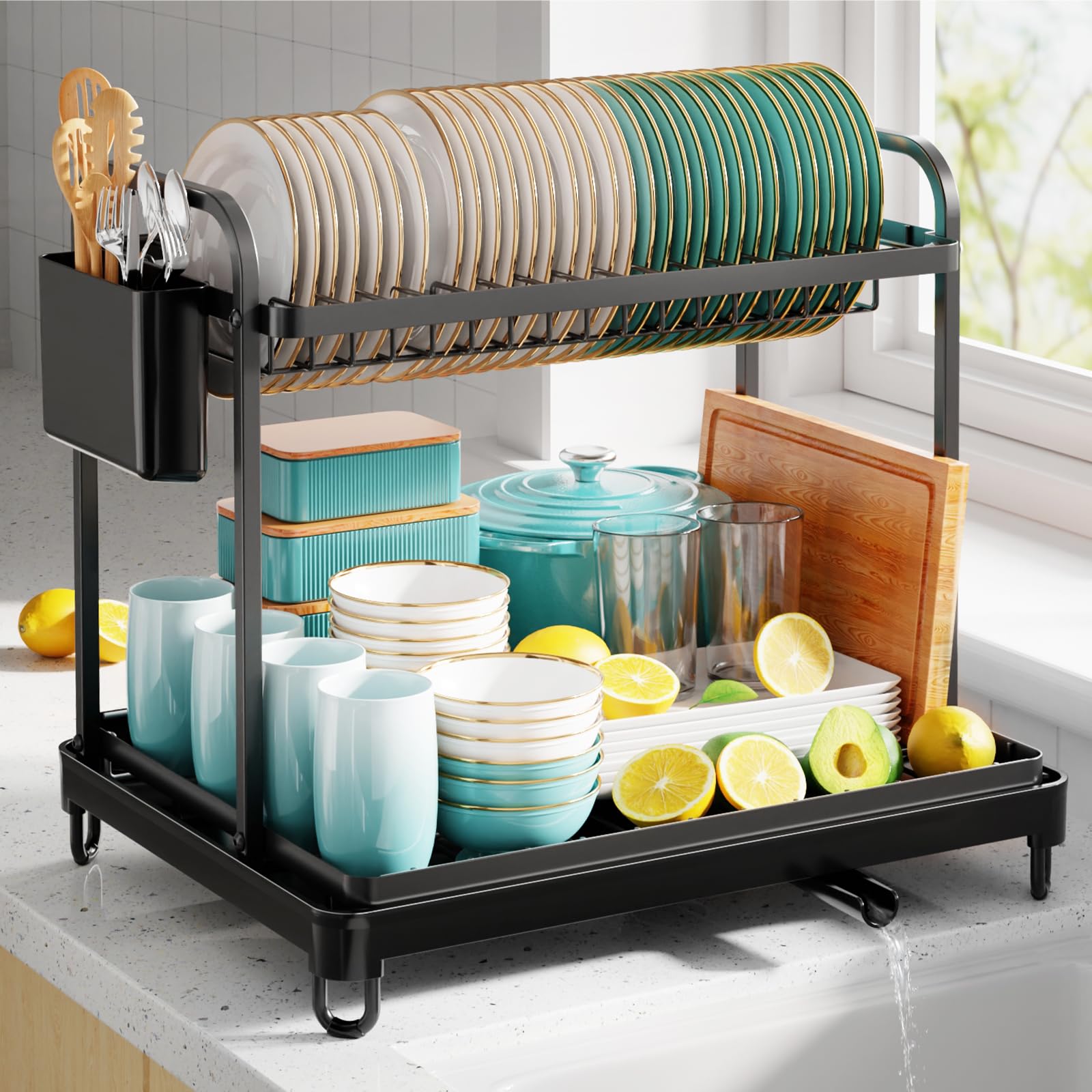 Sakugi 2-tier dish drying rack front view, maximizing counter organization