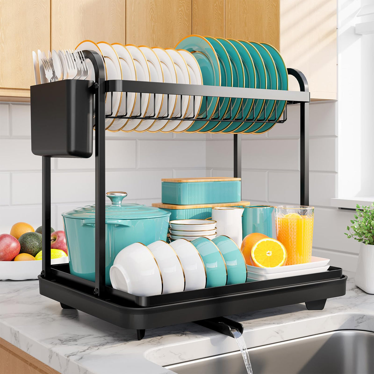 Sakugi 2-tier dish drying rack shown full on for organized counter drying