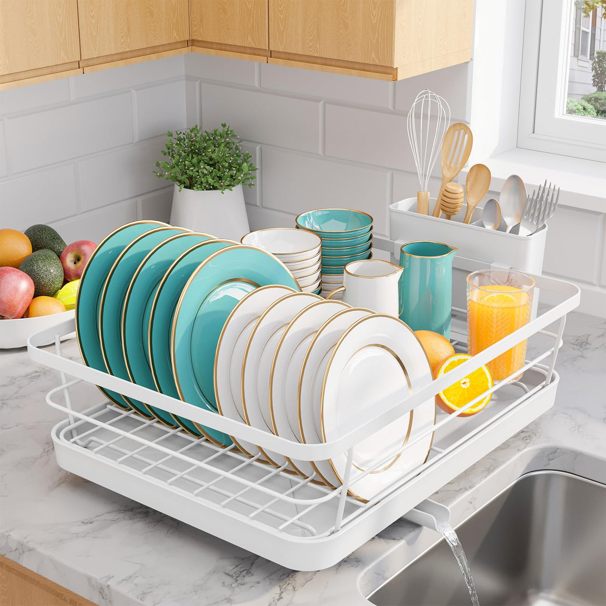 Sakugi dish drying rack with compact design for small counters and organized drying.