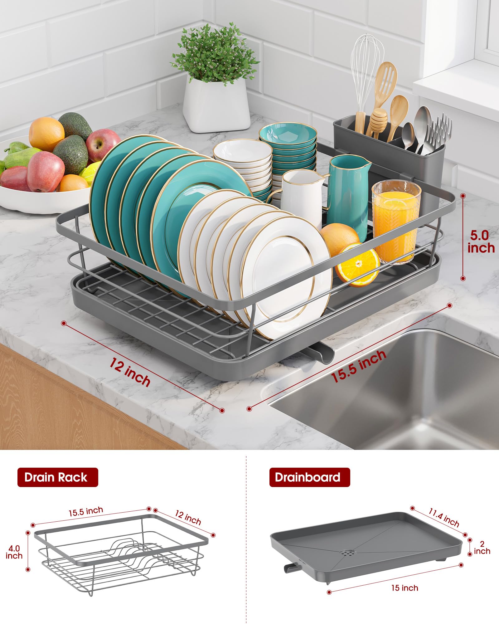 Sakugi dish rack featuring a two-section cutlery holder for easy utensil sorting.