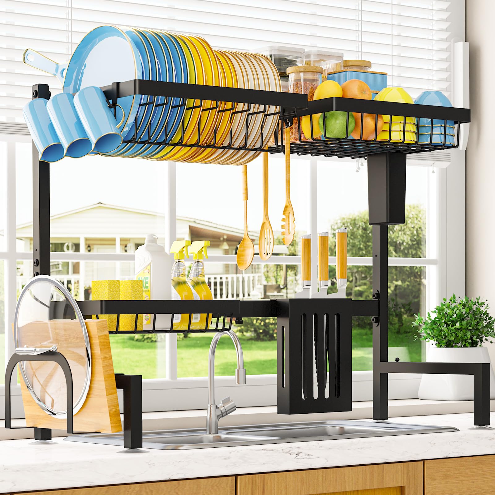 Sakugi dish drying rack over the sink with baskets and utensil holder—keeps countertops dry and organized