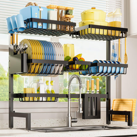 Sakugi over-sink dish drying rack with four baskets keeps counters organized.