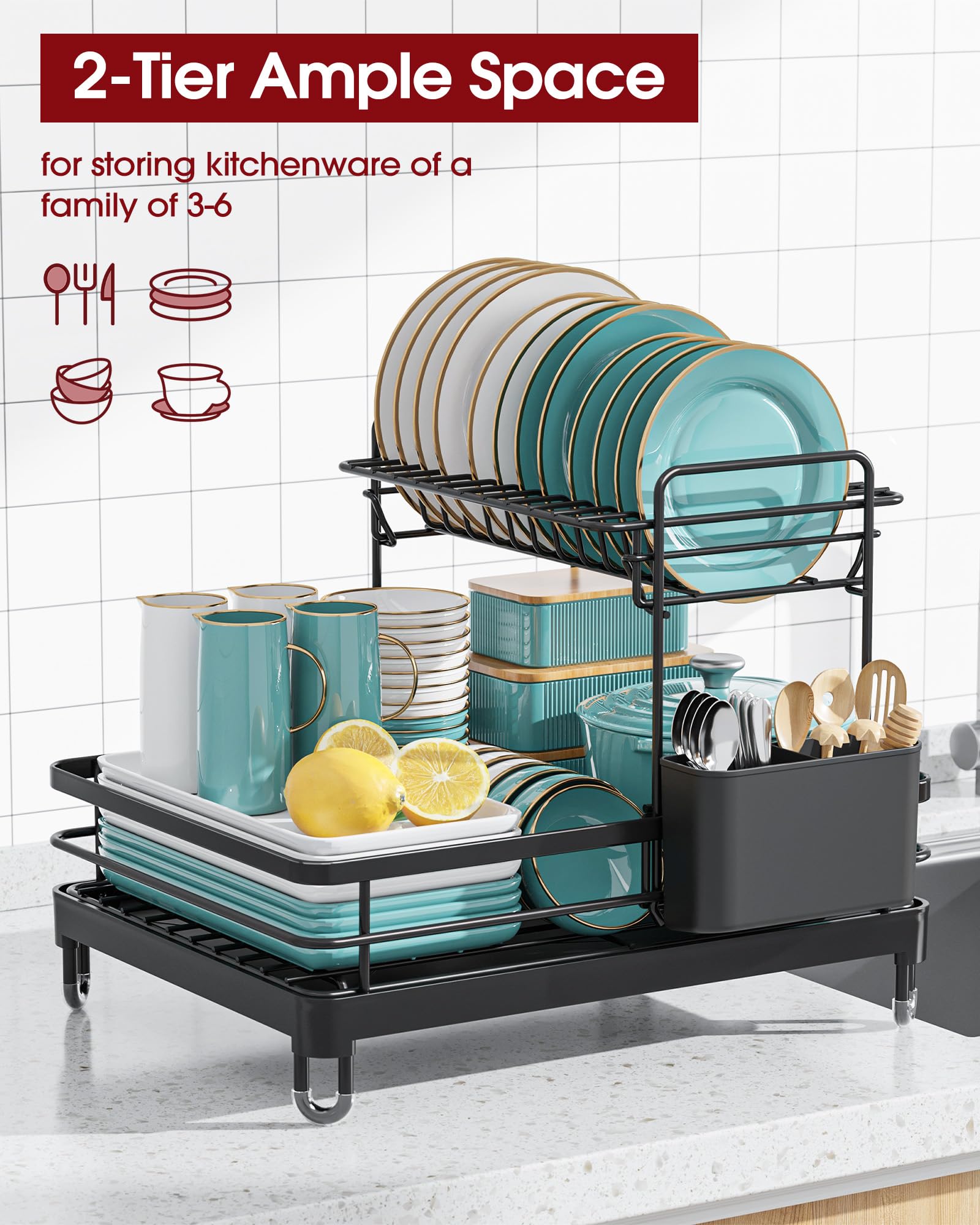 Sakugi dish drying rack side view highlights anti-slip feet and stability