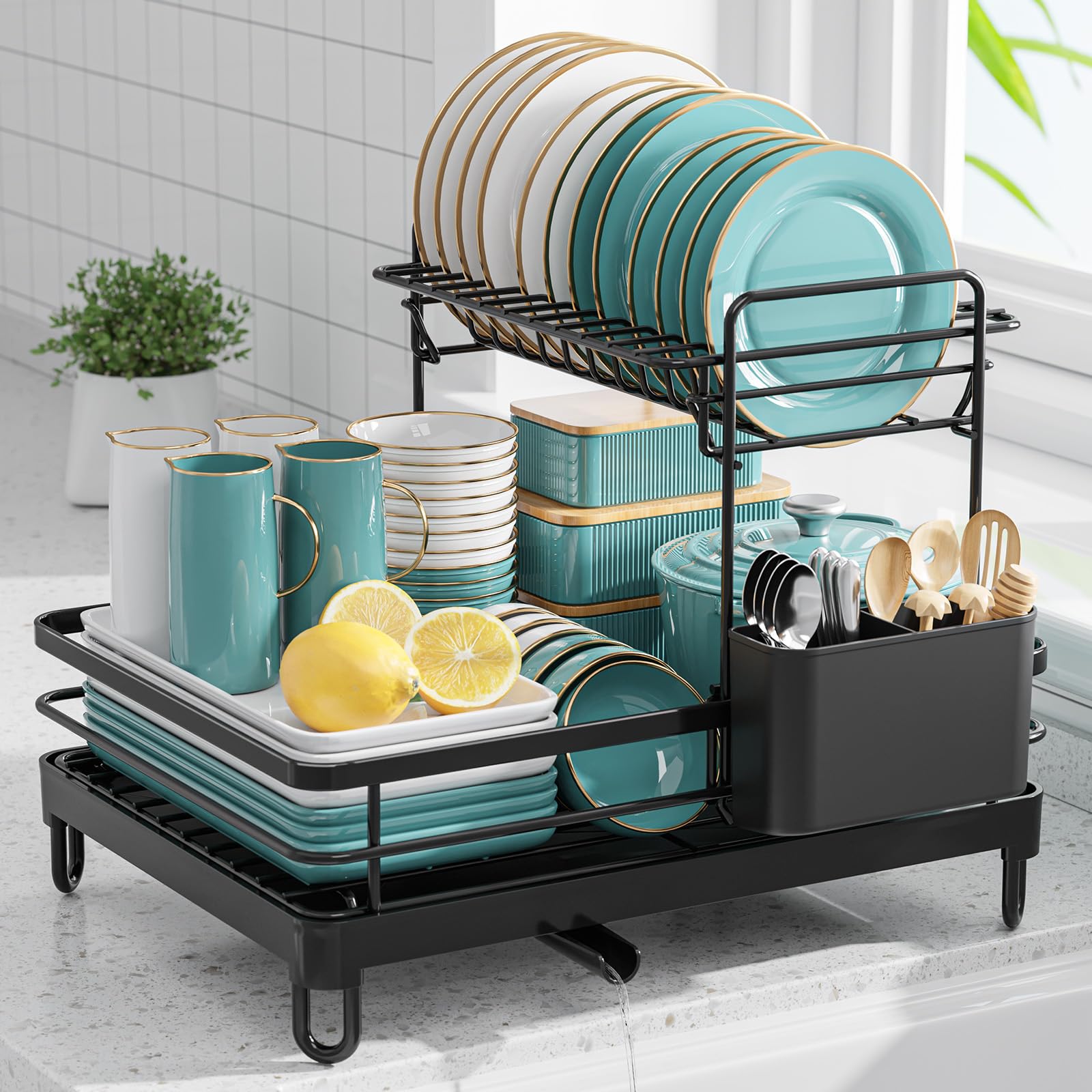 Sakugi dish drying rack top view shows spacious 2-tier design for space saving