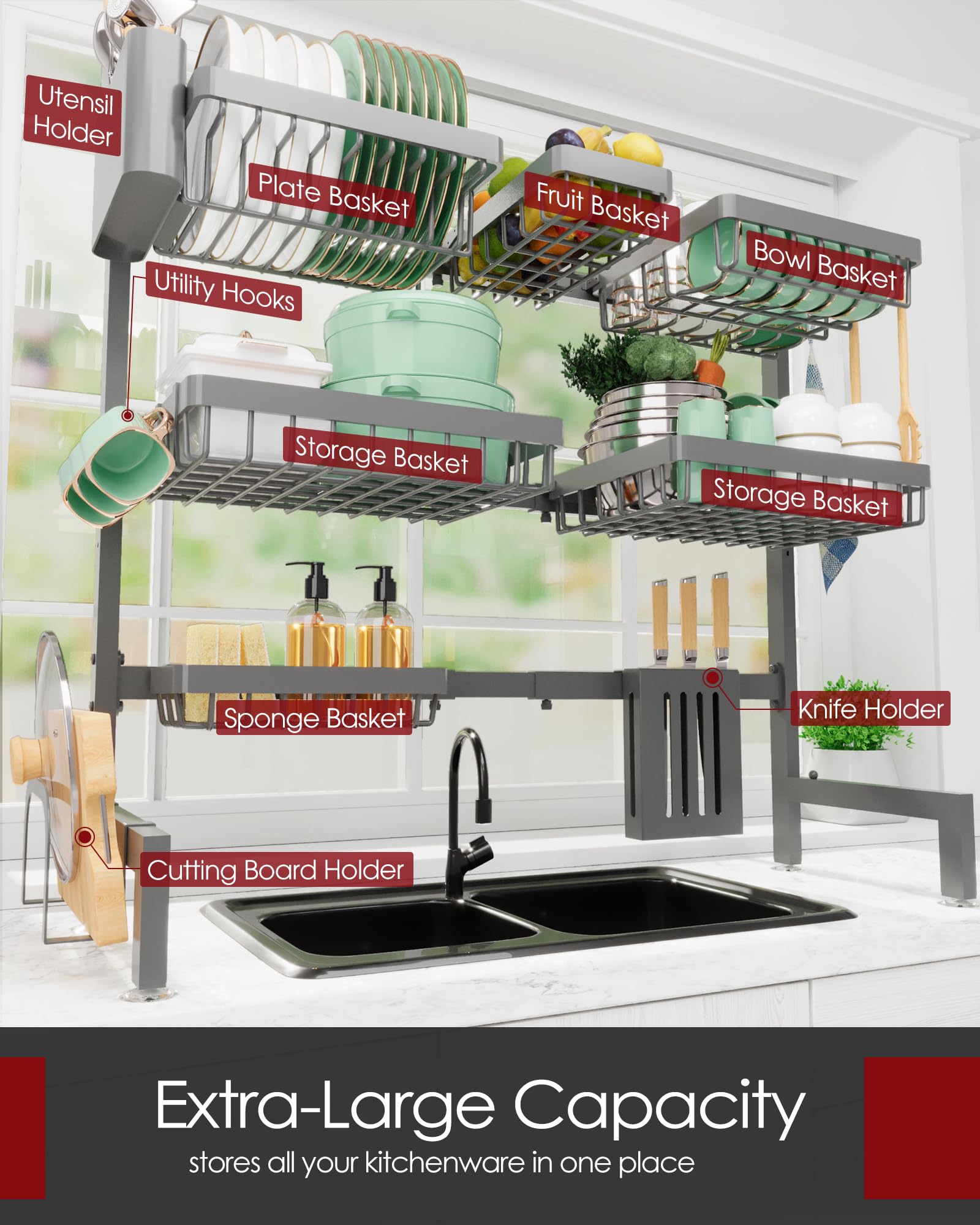 Sakugi dish drying rack with utensil and knife holders reduces counter clutter.