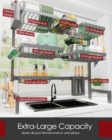 Sakugi dish drying rack with utensil and knife holders reduces counter clutter.