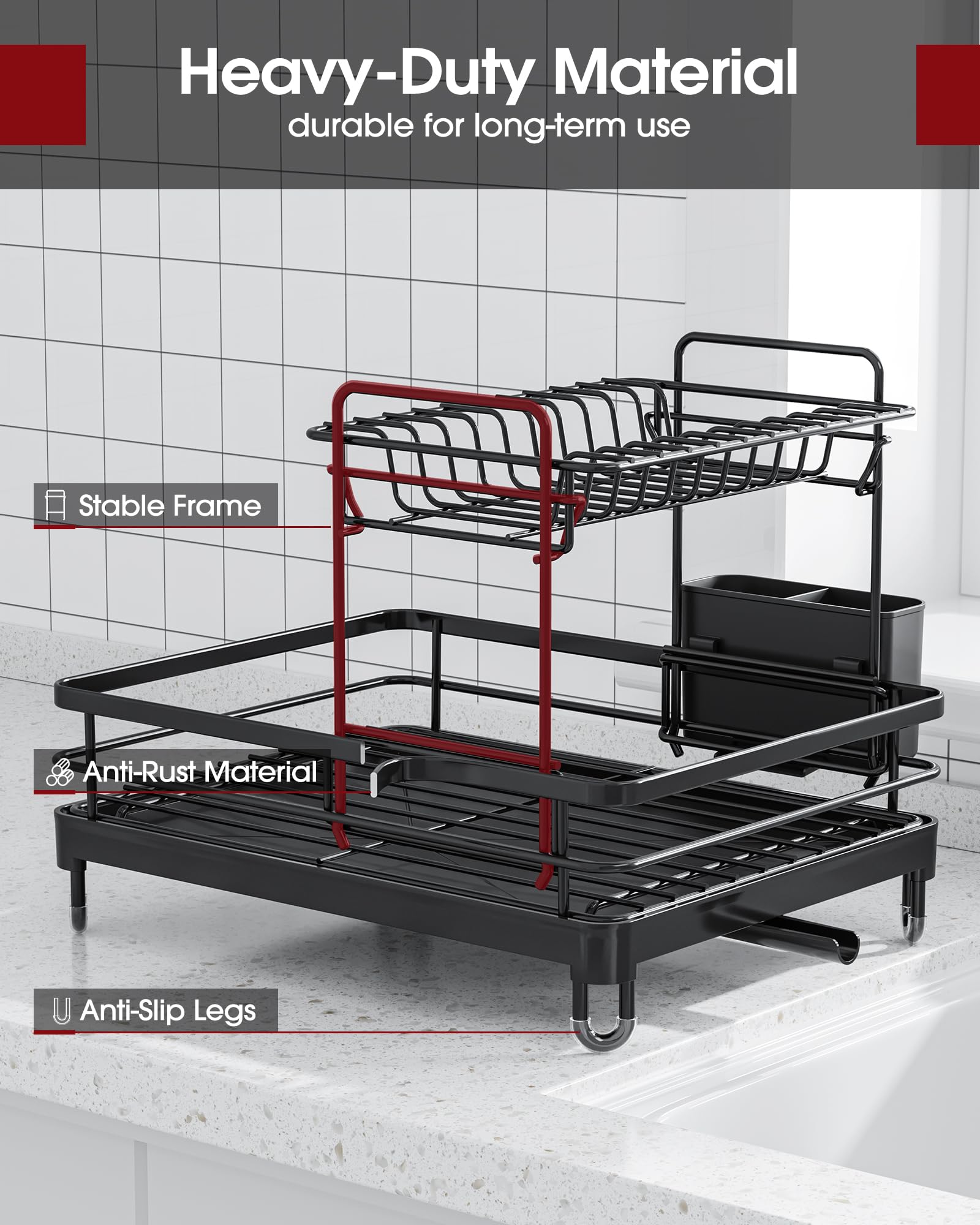 Sakugi rack showing 360° swivel drainage for tidy counters
