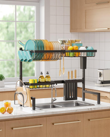 Over-the-sink design drains directly into the sink to reduce countertop water.