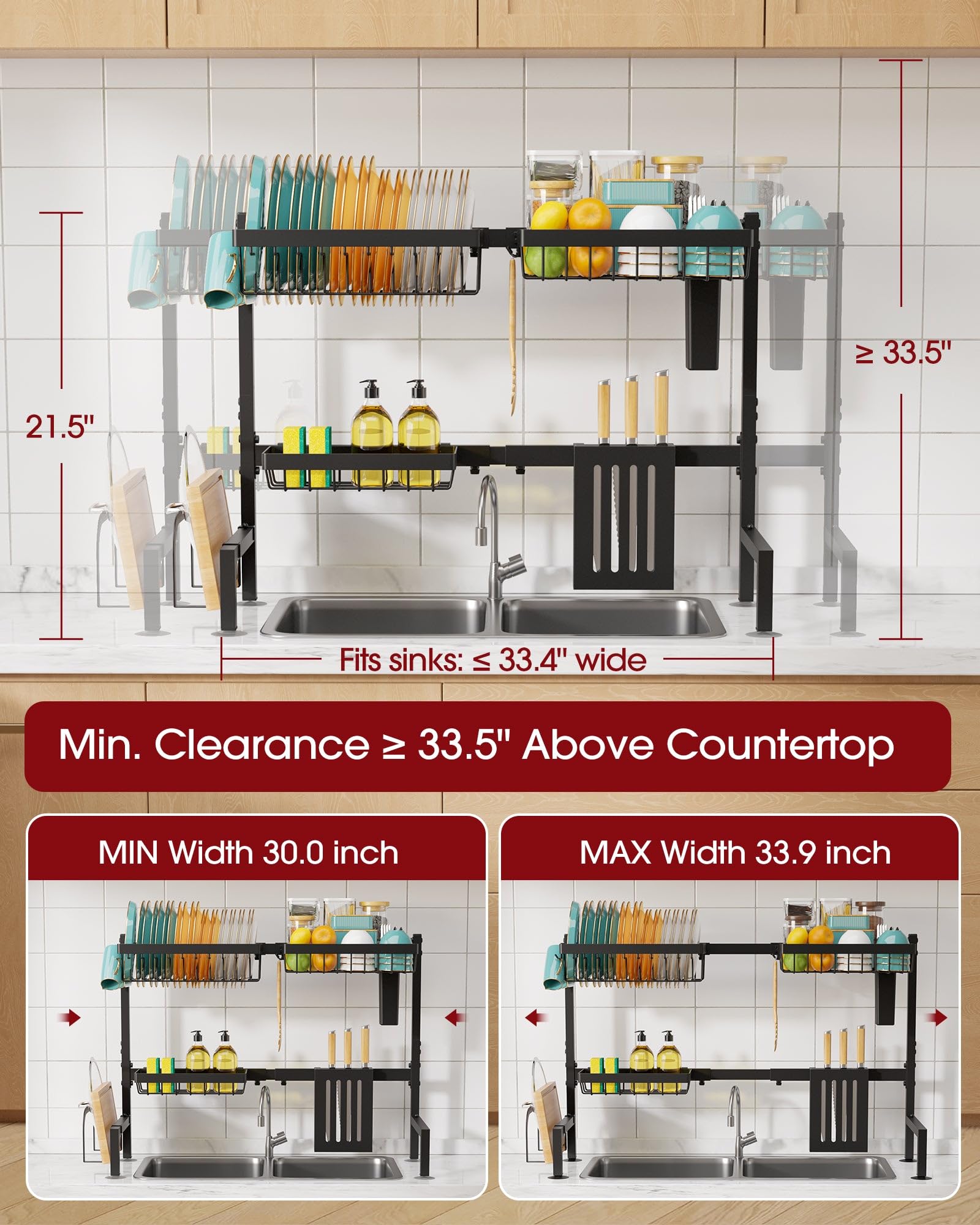 Sakugi 2-tier rack features built-in utensil and knife holders for organized drying.