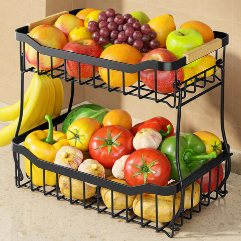 Sakugi fruit basket with banana hanger on a kitchen counter for easy access.
