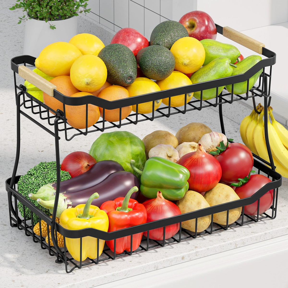Sakugi fruit basket with banana hanger on counter for quick access and freshness