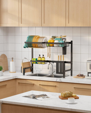 Large-capacity dish rack designed to store bowls, plates, glasses, and tools.
