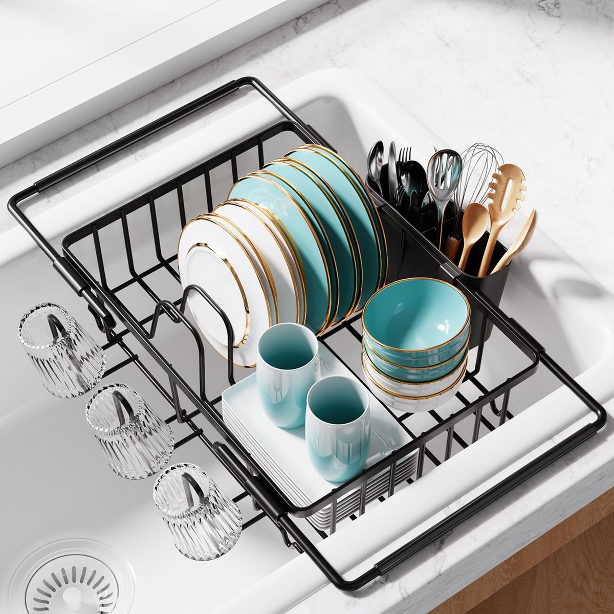 Sakugi over-sink rack extended for long dishes and tall bowls.