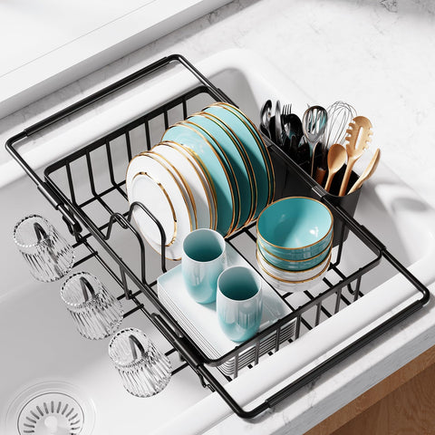 Sakugi over-sink rack extended for long dishes and tall bowls.