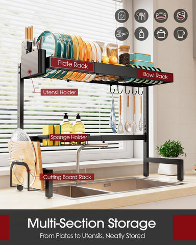 Sakugi 2-tier stainless steel rack on counter, durable rustproof construction.