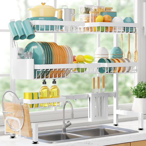 Sakugi over-the-sink 3-tier dish rack drains into sink, reducing countertop mess