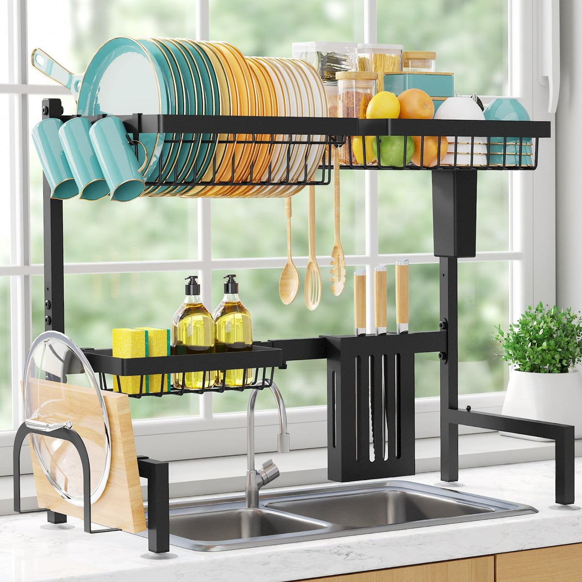 Sakugi over-the-sink rack with adjustable length fits most sinks and saves counter space.