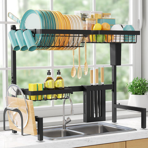 Sakugi over-the-sink rack with adjustable length fits most sinks and saves counter space.