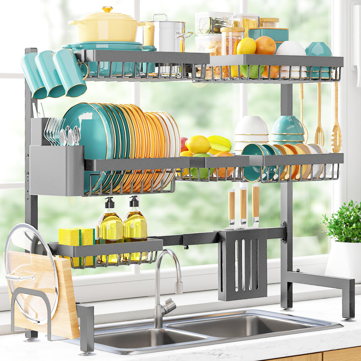 Sakugi dish drying rack in assembly over sink, showcasing adjustable frame.