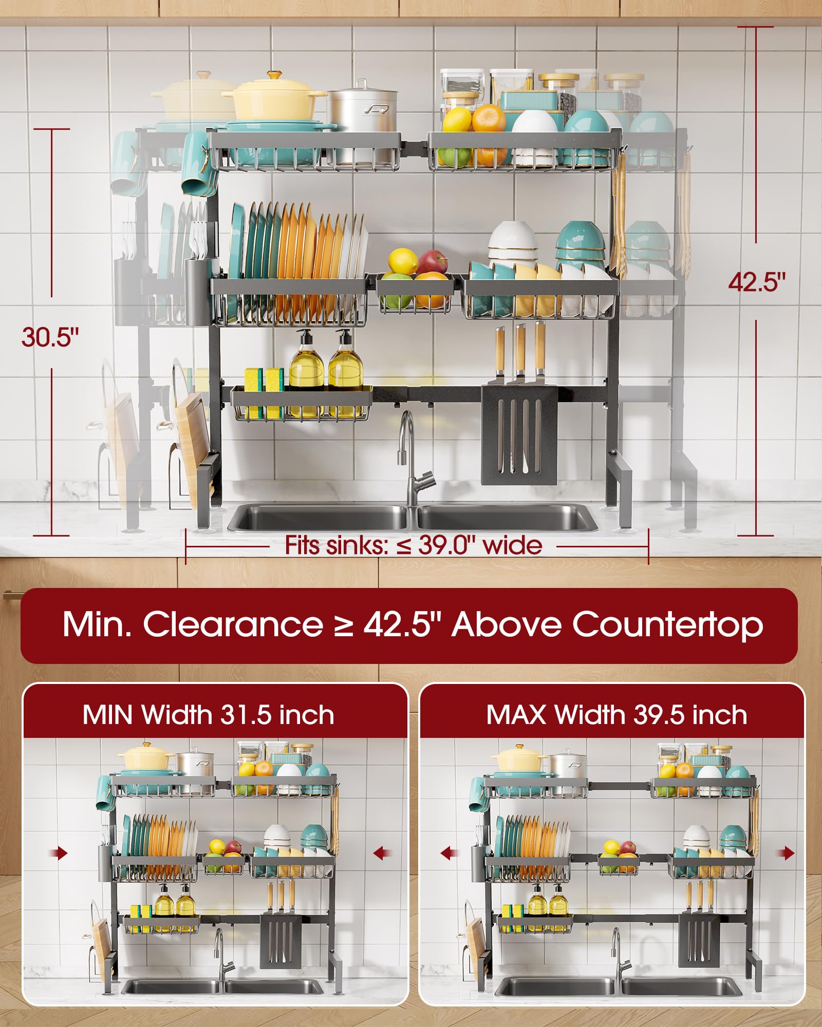 Sakugi over-the-sink rack in use with utensils and dishes.