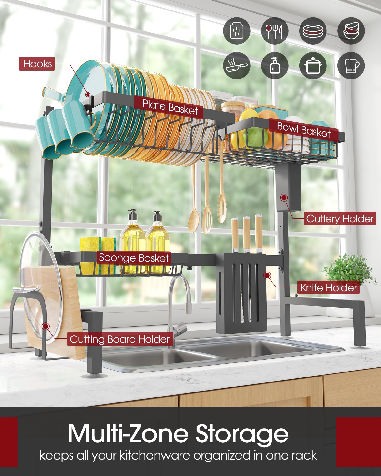 Sakugi large-capacity rack holds bowls, glasses, and utensils to reduce clutter